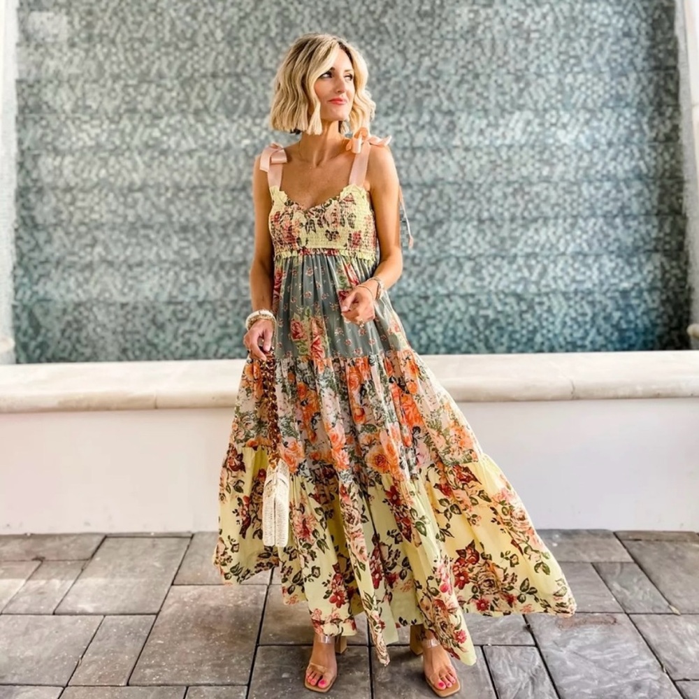 FREE PEOPLE Bluebell Mixed Floral Cotton Maxi Dress in Warm Combo L